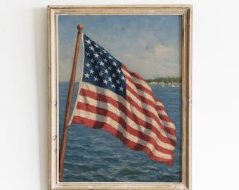 4th Of July Printable Wall Art, Coastal American Flag Painting, Independence Day Digital Download, Patriotic Decor, USA Vintage Style Print