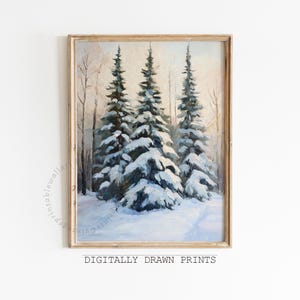 Snowy Pines Winter Landscape Print, Vintage Christmas Art, Holiday Printable Home Decor, Christmas Cottagecore Wall Art Digital Download