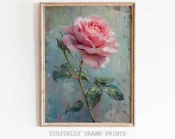 May include: A framed painting of a single pink rose with green leaves and a stem against a blue and white textured background. The painting is in a light wood frame.