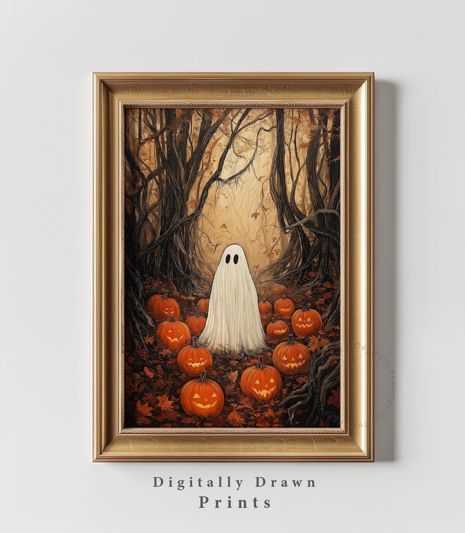 Moody Ghost Halloween Painting, Autumn Landscape Vintage Wall Art ...