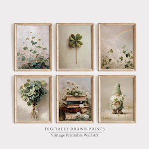 May include: A collection of six framed vintage-style prints. The images depict clovers, a rainbow, a gnome, and a bouquet of leaves. The prints are labelled with the text "DIGITALLY DRAWN PRINTS" and "Vintage Printable Wall Art" at the bottom.