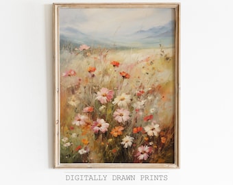 Puede incluir: Una pintura de estilo vintage que representa un campo de flores silvestres en tonos de rosa, blanco y naranja. Las flores están en primer plano, con una cordillera de montañas en el fondo.
