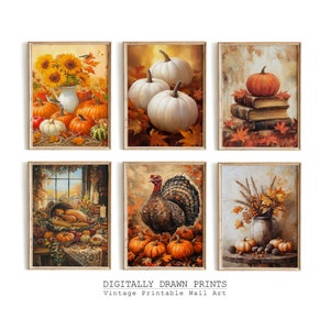 Thanksgiving Gallery Wall SET of 6, Vintage Fall Printable Wall Art, Autumn Rustic Oil Paintings, Thanksgiving day Decor, Digital Download