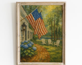 Arte de parede para impressão do 4 de julho, decoração patriótica americana de verão, pintura de casa de campo com bandeira americana, arte digital para download do Dia da Independência