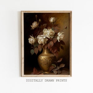 Dark Flower Painting Printable Art, Moody Floral Wall Art Dark Academia Print, Vintage Moody Painting  Roses Antique Print, Printable Art