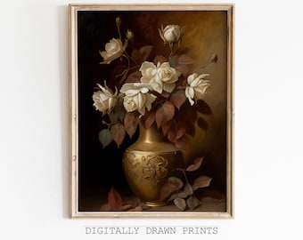 Dark Flower Painting Printable Art, Moody Floral Wall Art Dark Academia Print, Vintage Moody Painting  Roses Antique Print, Printable Art