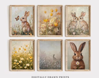 Afdrukbare vintage lenteafdrukken, galerijset van 6 neutrale lentekunst aan de muur, paashaas schilderij, paasboerderij decor, lenteafdrukken set