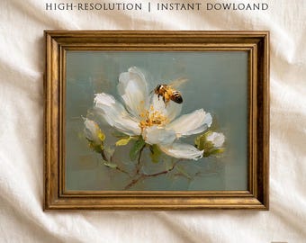 Arte de pared imprimible vintage de abeja y flor blanca, pintura botánica primaveral neutra, descarga digital floral estilo cottagecore