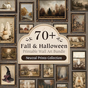 May include: A collection of framed wall art prints featuring autumn and Halloween themes, including ghosts, pumpkins, landscapes, and a witch hat. The central text reads 70+ Fall & Halloween Printable Wall Art Bundle Neutral Prints Collection.
