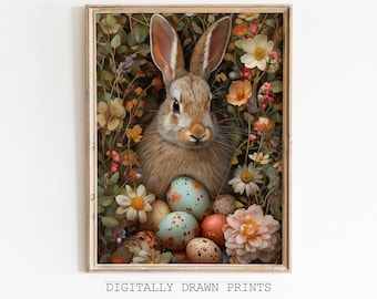 Arte de pared imprimible de Pascua vintage, pintura al óleo de conejito de Pascua, decoración de granja de primavera, pintura de huevos de Pascua, arte de pared Cottagecore