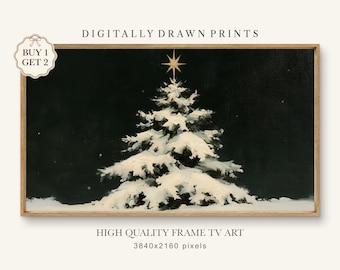 Snowy Christmas Tree Frame TV Art, Dark Green Winter Painting (Digital Download)