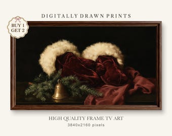 Moody Christmas Frame TV Art: Vintage Santa Hats & Gold Bell Painting (Digital Download)
