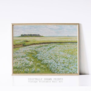 Sage Green Wildflower Field Landscape Oil Painting, Vintage Farm House, Country Field Landscape Oil Painting Printable, Art Digital Download
