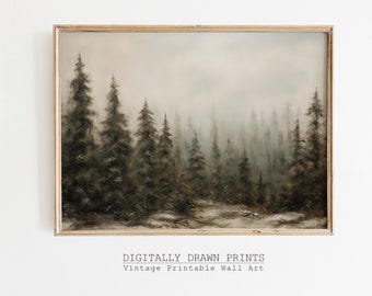 May include: A digital painting of a foggy forest scene with tall, dark green trees. The painting is framed in a light wood frame.