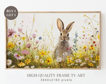Schattige paashaas Samsung Frame TV Art, Spring Bunny Rabbit TV Art, Easter Farmhouse Decor, Country Wildflowers TV Art, Digitale Download