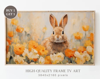 Easter Bunny in a Colorful Wildflower Field Frame TV Art, Spring Rabbit Oil Painting for TV, Easter Farmhouse Decor, Digital Download
