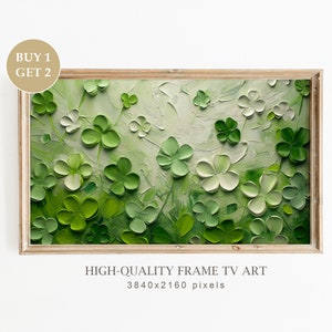 May include: A framed painting of green four-leaf clovers on a white background. The painting is in a light wood frame. The text "HIGH-QUALITY FRAME TV ART 3840x2160 pixels" is below the frame.