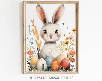 Cute Easter Bunny Printable Wall Art, Nursery Art Print, Wildflowers Painting, Spring Farmhouse Decor, Cottagore Wall Art, Digital Download