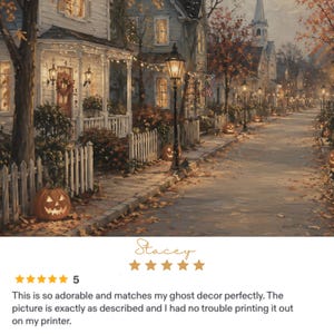 May include: A digital art print depicting a suburban street scene during autumn at dusk. The image features white houses with porches, glowing street lamps, fallen leaves on the ground, and carved jack-o'-lanterns placed along the white picket fences.