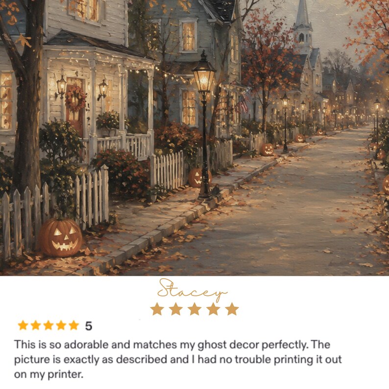 May include: A digital art print depicting a suburban street scene during autumn at dusk. The image features white houses with porches, glowing street lamps, fallen leaves on the ground, and carved jack-o'-lanterns placed along the white picket fences.