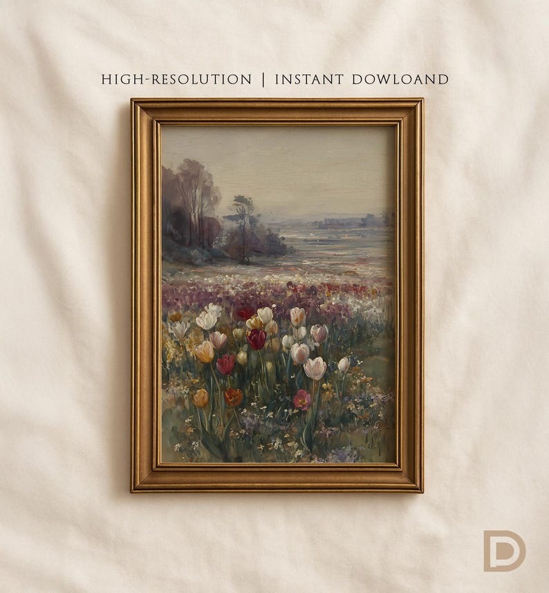 Vintage Spring Landscape Printable Wall Art, Neutral Tulip Field Print ...