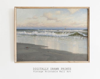 Antik strand utskrivbar väggkonst, neutralt havslandskapstryck, mjukt kustlandskap vintage oljemålning, sommarstrandhus, digital nedladdning