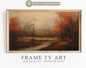 May include: A framed painting of a misty forest scene with a river winding through it. The trees are in shades of orange, red, and brown. The painting is in a light wood frame. "FRAME TV ART" and "High Resolution - 3840x2160 pixels" are printed below the frame.