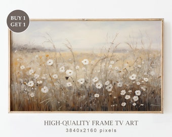 Moody Spring Frame TV Art, Muted Spring Wildflower Field Oil Painting, Farmhouse Decor, Spring Landscape, Country Painting, Digital Download