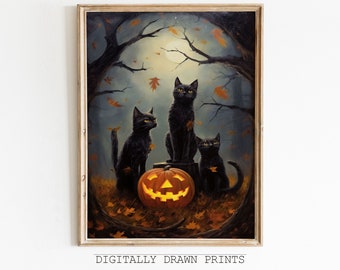 Spooky Halloween Black Cats Print, Halloween Printable Wall Art, Fall Wall Art, Halloween Art, Nursery Decor, Art Digital Download