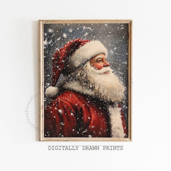 Vintage Santa Portrait Wall Art, Snowy Printable Christmas Art