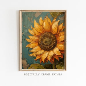 K&ouml;nnte beinhalten: Ein Gem&auml;lde einer Sonnenblume mit gelben Bl&uuml;tenbl&auml;ttern und einer braunen Mitte. Die Sonnenblume ist auf einem blauen und gr&uuml;nen Hintergrund gemalt.