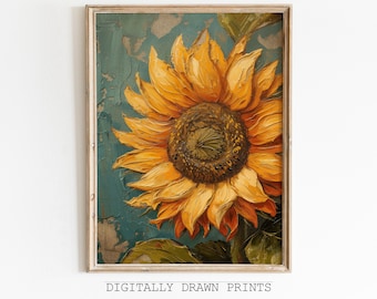 Vintage Sunflower Print, Spring Country Art Print, Floral Still Life Oil Painting, Cottagecore Wall Art Decor, Digital Download