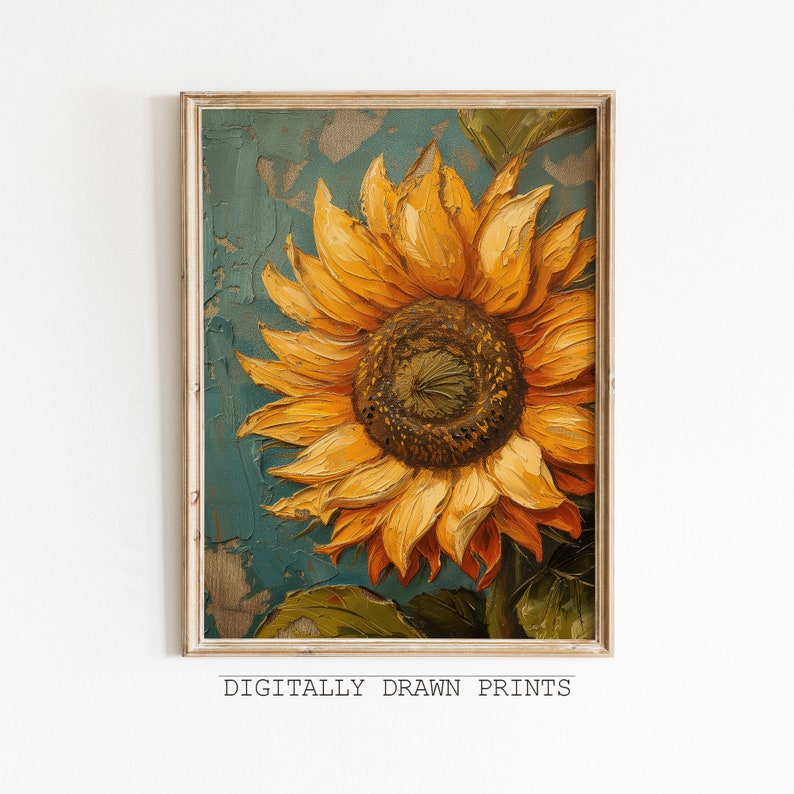 K&ouml;nnte beinhalten: Ein Gem&auml;lde einer Sonnenblume mit gelben Bl&uuml;tenbl&auml;ttern und einer braunen Mitte. Die Sonnenblume ist auf einem blauen und gr&uuml;nen Hintergrund gemalt.