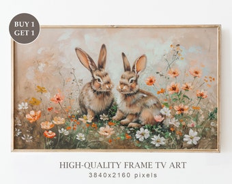 Vintage Easter Frame TV Art, Easter Rabbits in a Spring Wildflower Field Painting for Frame TV, Spring Farmhouse Decor, Digital Download