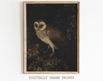 Halloween Printable Wall Art, Antique Owl Painting, Dark Academia Printable Wall Art, Moody Rustic Bird Print, Dark Art Digital Download