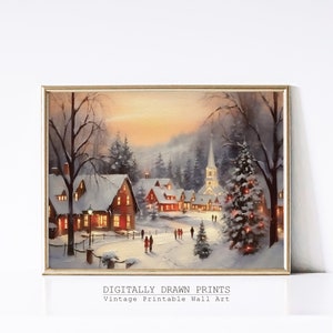Printable Christmas Wall Art, Oil Painting of a Christmas Village, Seasonal Christmas Decor, Farmhouse Wall Art, Digital Download