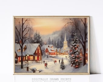 Printable Christmas Wall Art, Oil Painting of a Christmas Village, Seasonal Christmas Decor, Farmhouse Wall Art, Digital Download