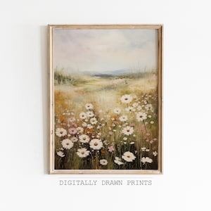 Printable Wildflower Field Landscape, Vintage Oil Painting, Spring Print, Farmhouse Print, Neutral Wall Art, Spring Art, Digital Download