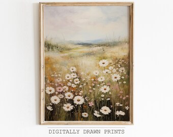 Druckbare Wildblumenfeld Landschaft, Vintage Ölgemälde, Frühlingsdruck, Bauernhaus Druck, Neutrale Wandkunst, Frühlingskunst, digitaler Download