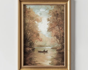 Printable Vintage Autumn Painting, Moody Fall Landscape, Farmhouse Decor, Rustic Neutral Wall Art, Digital Download Art