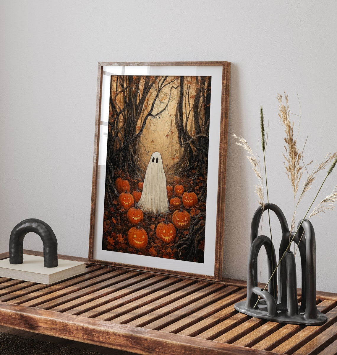Moody Ghost Halloween Painting, Autumn Landscape Vintage Wall Art ...