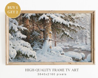Winter Samsung Frame TV Art Oil Painting, Neutral Farmhouse Decor, Vintage Snowy Landscape Painting, Holiday Art for TV, Digital Download