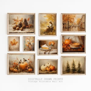 SET da 10 pareti della galleria del Ringraziamento, arte murale stampabile autunnale vintage, dipinti a olio rustici autunnali, decorazioni per il giorno del Ringraziamento, download digitale