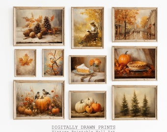 Thanksgiving Gallery Wall SET of 10, Vintage Fall Printable Wall Art, Autumn Rustic Oil Paintings, Thanksgiving day Decor, Digital Download