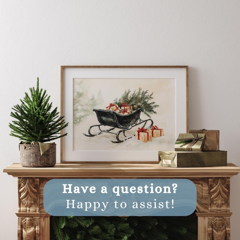May include: A watercolor painting of a black sleigh filled with wrapped gifts and a small evergreen tree. The sleigh is on a snowy background with a forest in the distance.