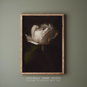 Vintage Moody White Rose Print, Dark Academia Botanical Wall Art Floral ...