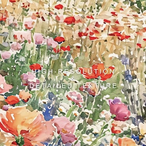 Pode incluir: Uma pintura em aquarela de um campo de flores em tons de vermelho, rosa, laranja e verde. As flores est&atilde;o em diferentes est&aacute;gios de flora&ccedil;&atilde;o, e a pintura tem uma sensa&ccedil;&atilde;o suave e de sonho.