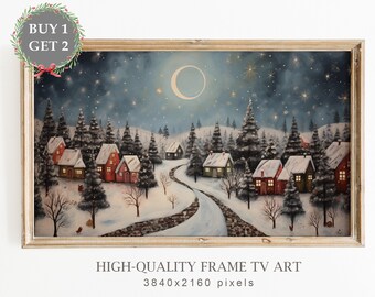 Snowy Village Christmas TV Frame Art, Winter Landscape Oil Painting, Seasonal Christmas Decor, Festive Tv Art, Digital Download