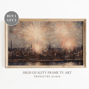 New Year&#39;s Eve Samsung Frame TV Art, Vintage Oil Painting of New Year, Cityscape full of fireworks, Holiday Art for TV, Christmas Decor
