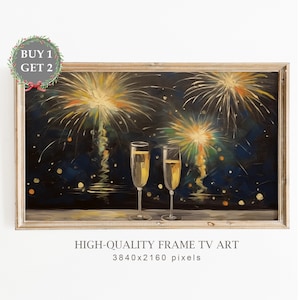 New Year&#39;s Eve Samsung Frame TV Art, Vintage Oil Painting of New Year&#39;s Eve, Champagne an Fireworks, Holiday Art for TV, Christmas Decor